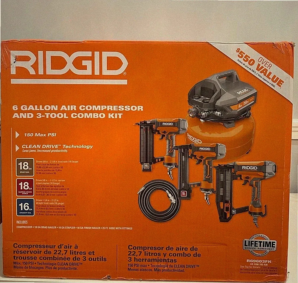 RIDGID 6 Gallon Air Compressor 3-Tool Combo Kit RG6903FK with Hose